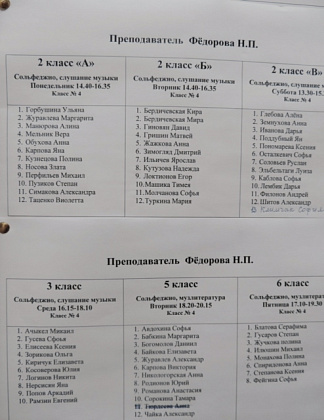 Расписание занятий у Федоровой Н.П.